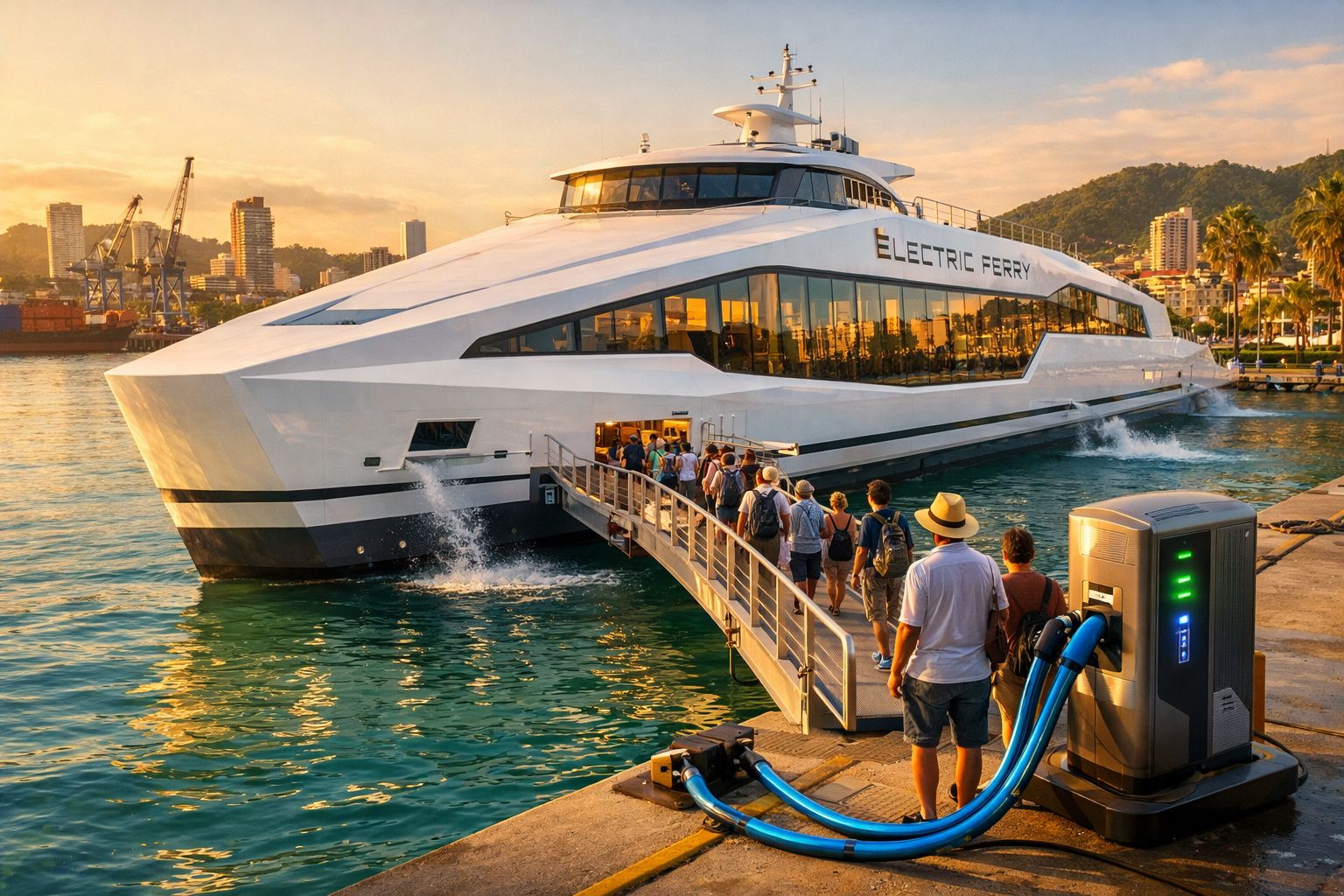 Pessoas a embarcar num ferry elétrico branco ao pôr do sol num porto com edifícios e montanha ao fundo.