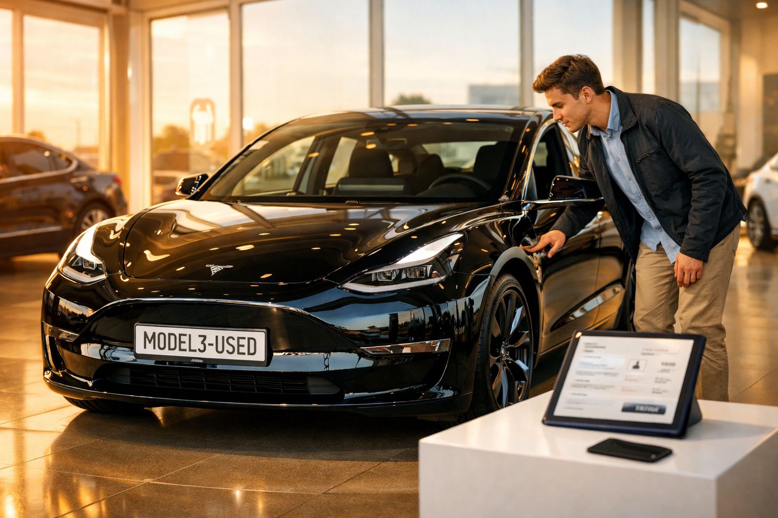 Homem a inspecionar carro elétrico preto Tesla Model 3 usado numa concessionária moderna.
