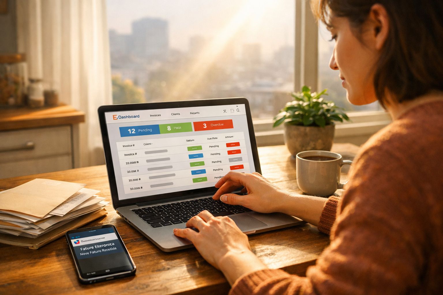 Pessoa a trabalhar num portátil com dashboard de faturação eletrónica numa secretária junto a uma janela iluminada.