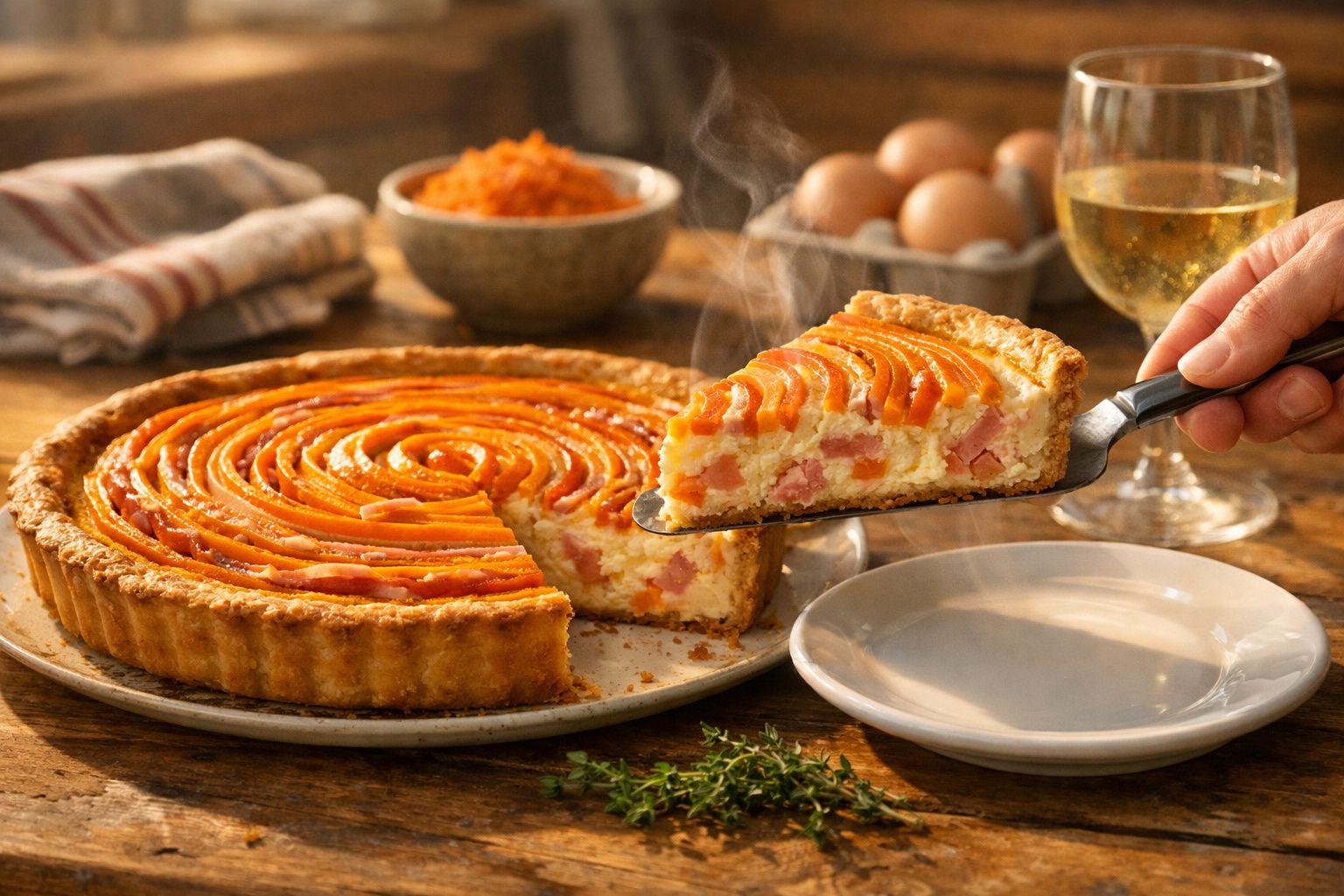 Tarte salgada quente com cenoura laminada em espiral, servida numa mesa rústica com vinho e ervas aromáticas.