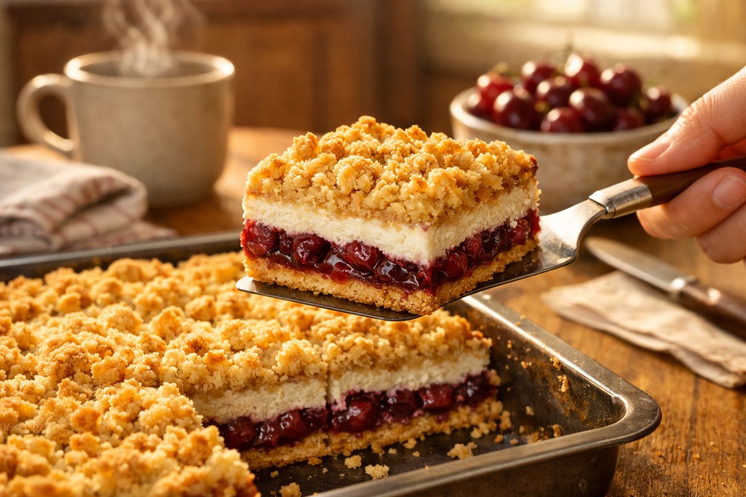 Quadrado de bolo com camada de cerejas e crumble dourado, servido numa espátula metálica.