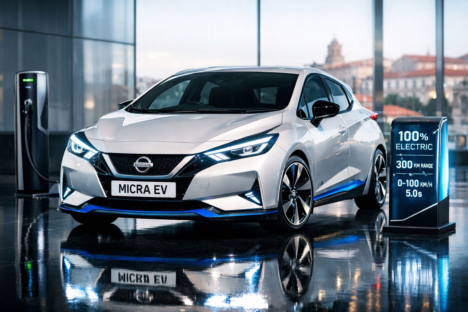 Nissan Micra EV prateado estacionado numa área interior com carregador elétrico e placa informativa ao lado.