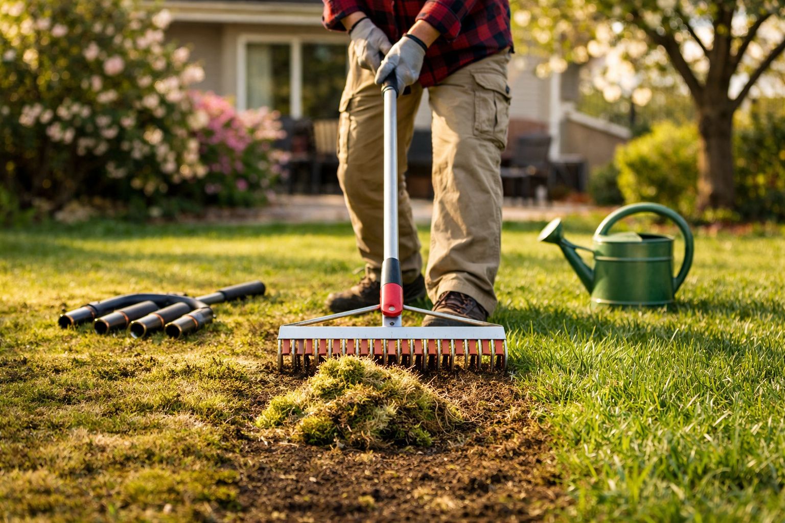 Pessoa a remover musgo do relvado com um ancinho, rega e ferramentas de jardim no chão.