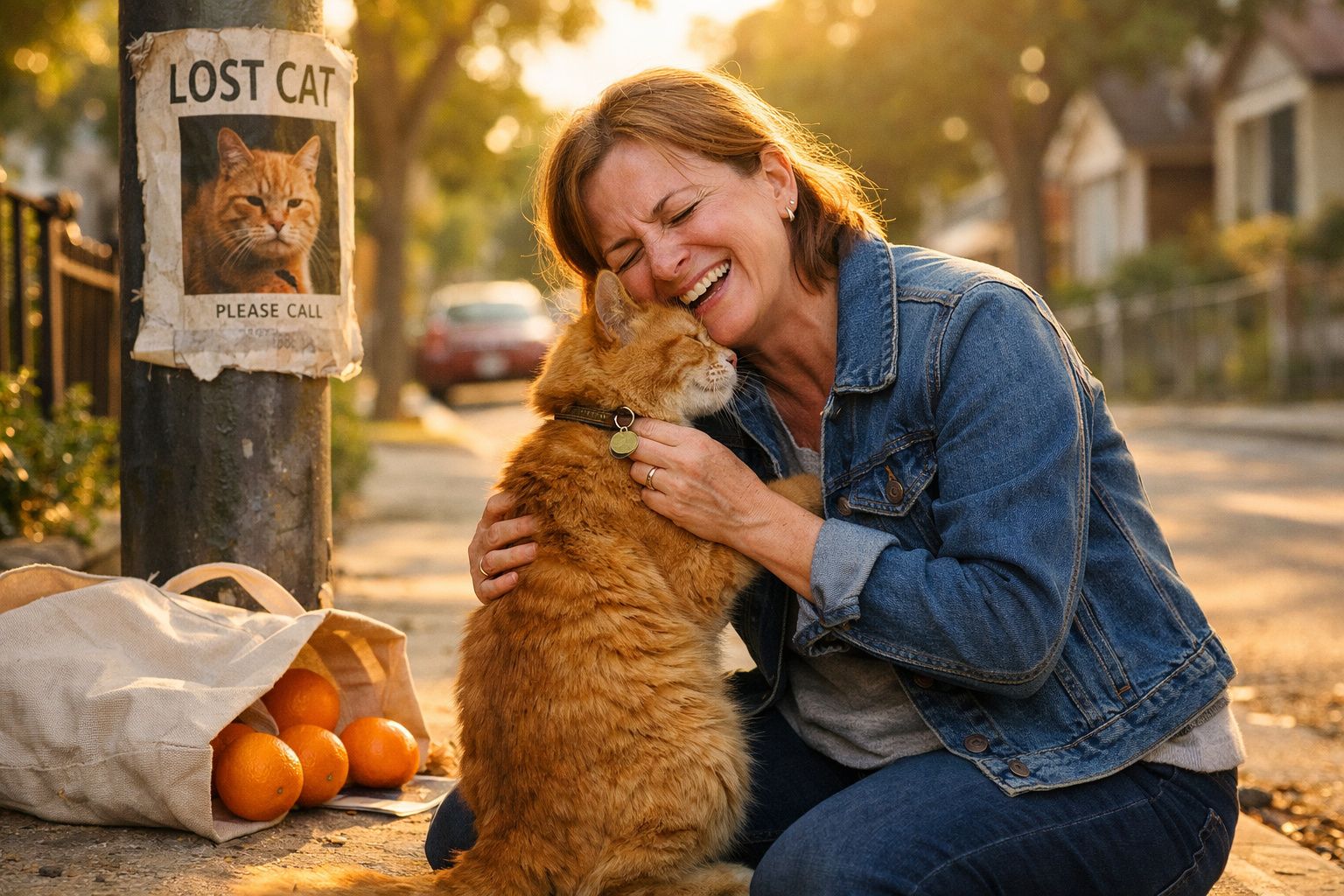 Mulher feliz abraça gato laranja reencontrado na rua, com cartaz de gato perdido ao fundo.