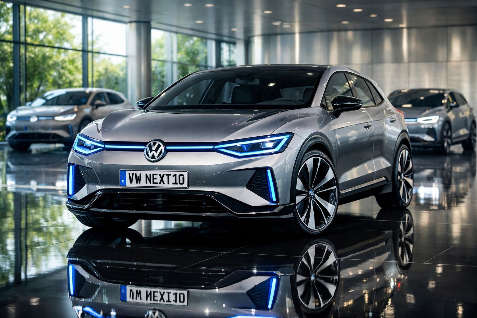 Carro elétrico Volkswagen cinza estacionado numa sala moderna com janelas grandes e piso brilhante.