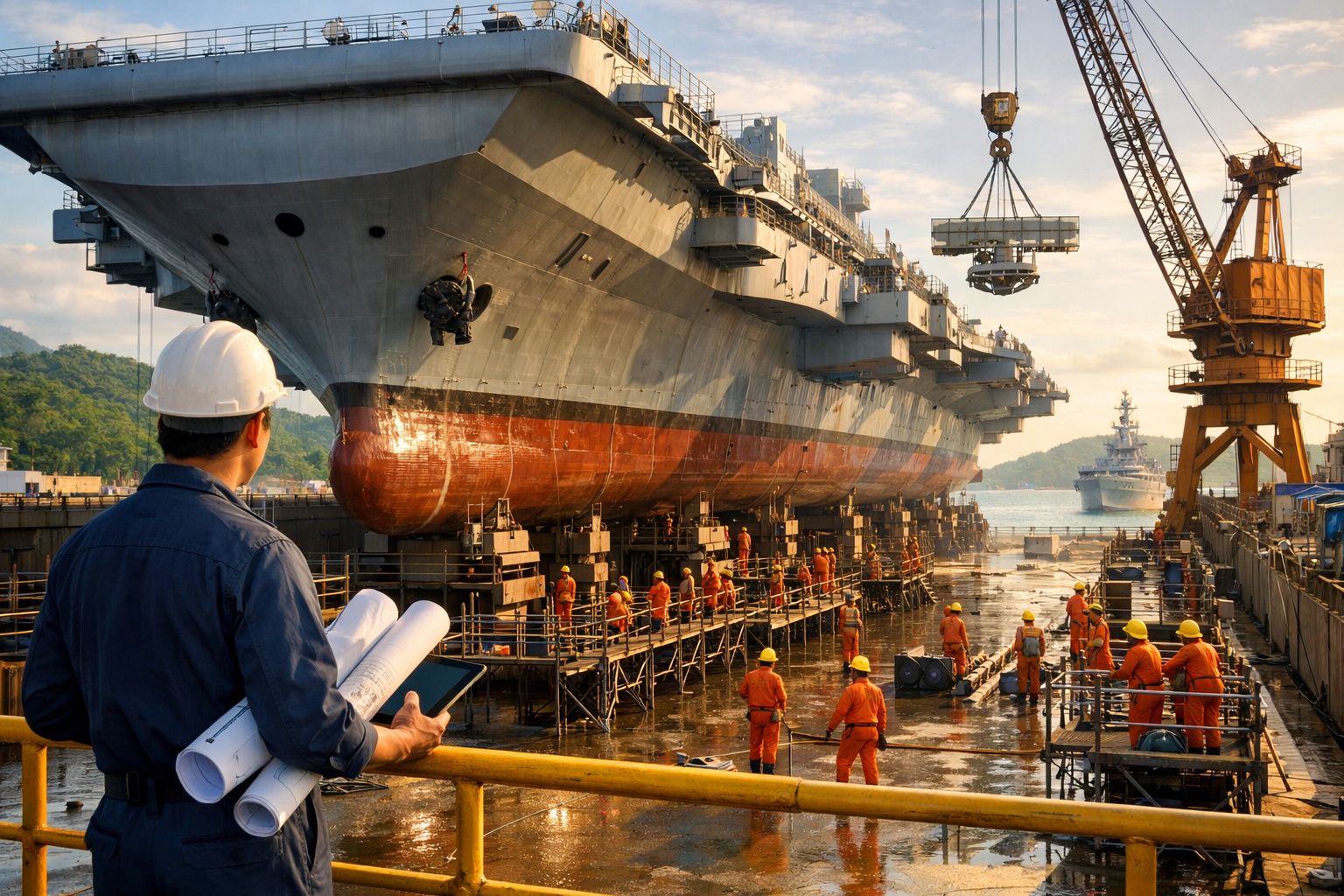 Homem com capacete observa estaleiro naval com trabalhadores reparando grande navio de guerra.