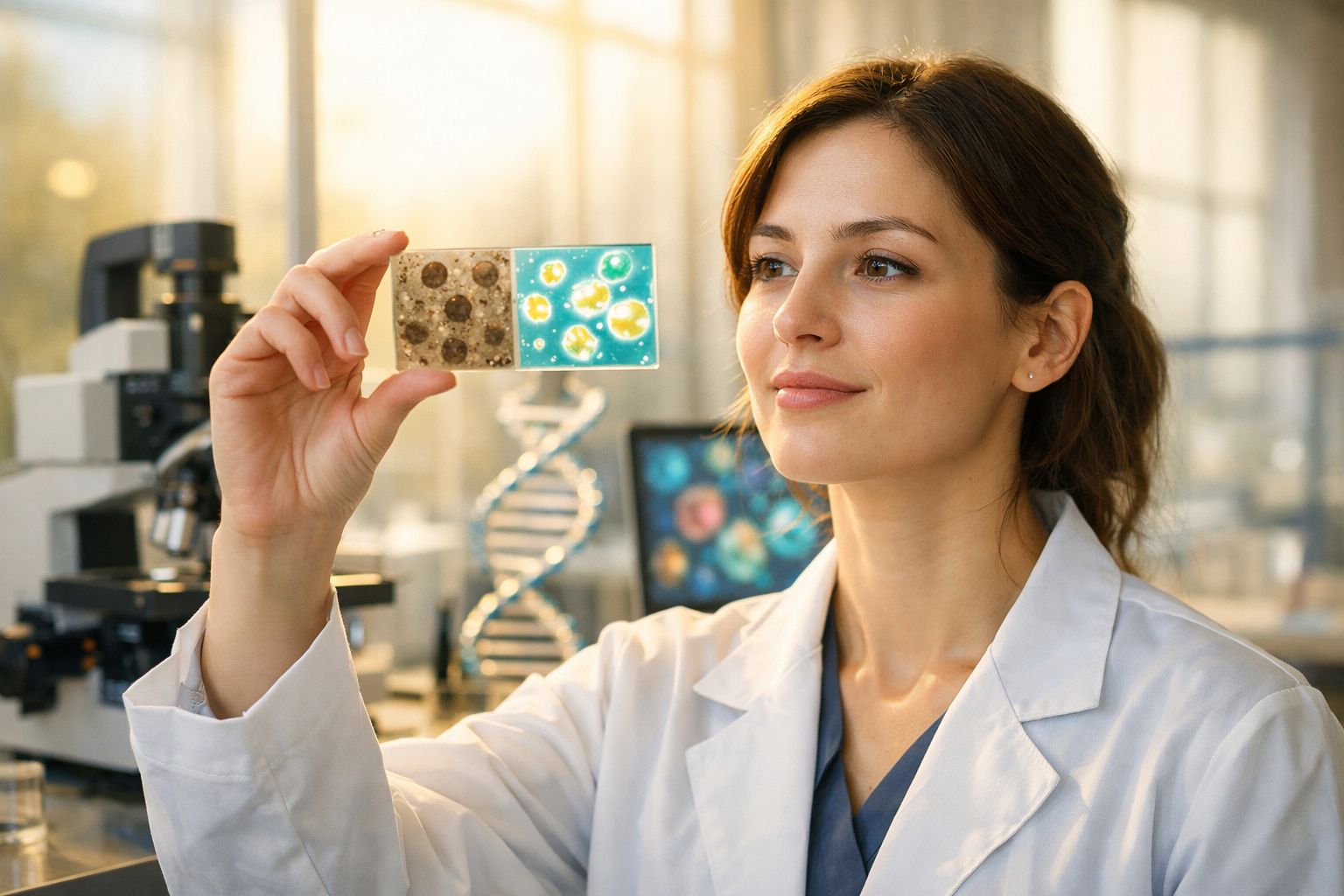 Cientista em bata branca analisa lâmina com culturas celulares num laboratório iluminado.