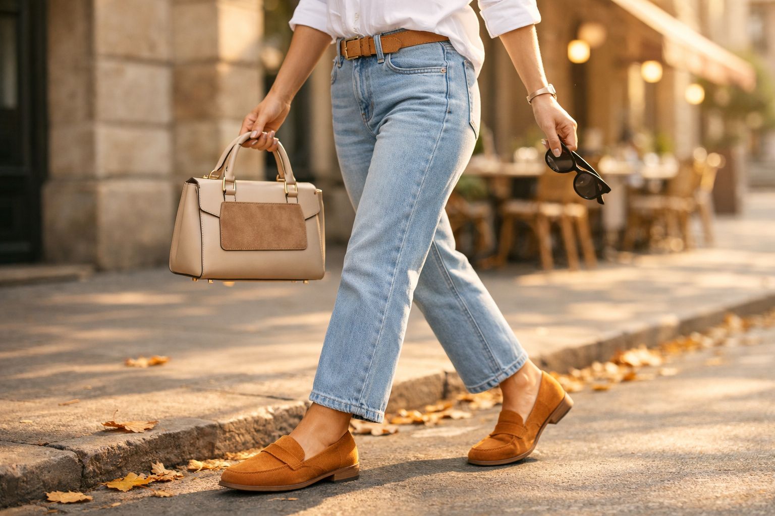 Pessoa com calças jeans, sapatos castanhos, a segurar mala bege e óculos escuros numa rua com folhas caídas.