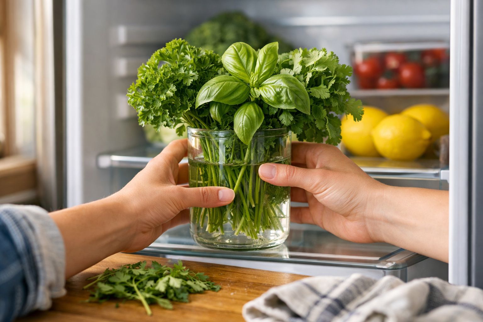 Duas mãos seguram vaso com ervas frescas, dentro de frigorífico com limões e tomates no fundo.