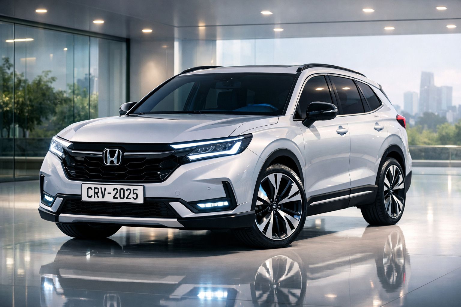 Honda CR-V 2025 branco estacionado em piso brilhante dentro de garagem com vidros amplos e cidade ao fundo.
