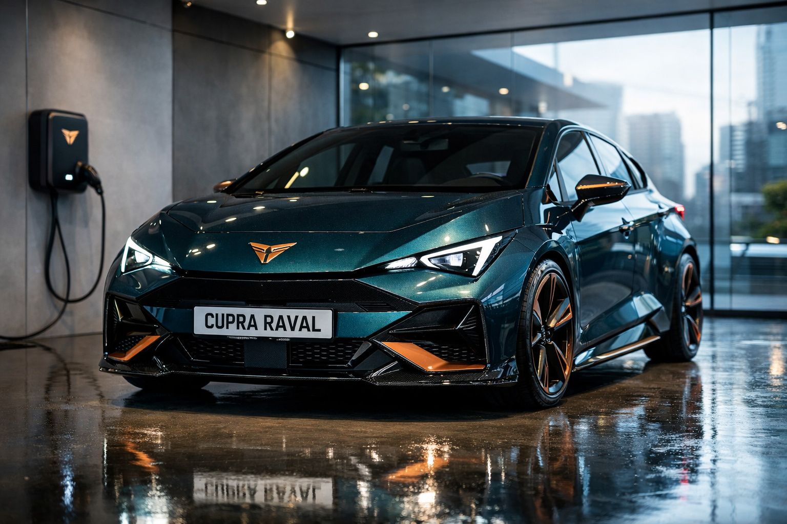 Carro elétrico Cupra Raval verde escuro com luzes acesas, carregando numa estação numa garagem moderna.