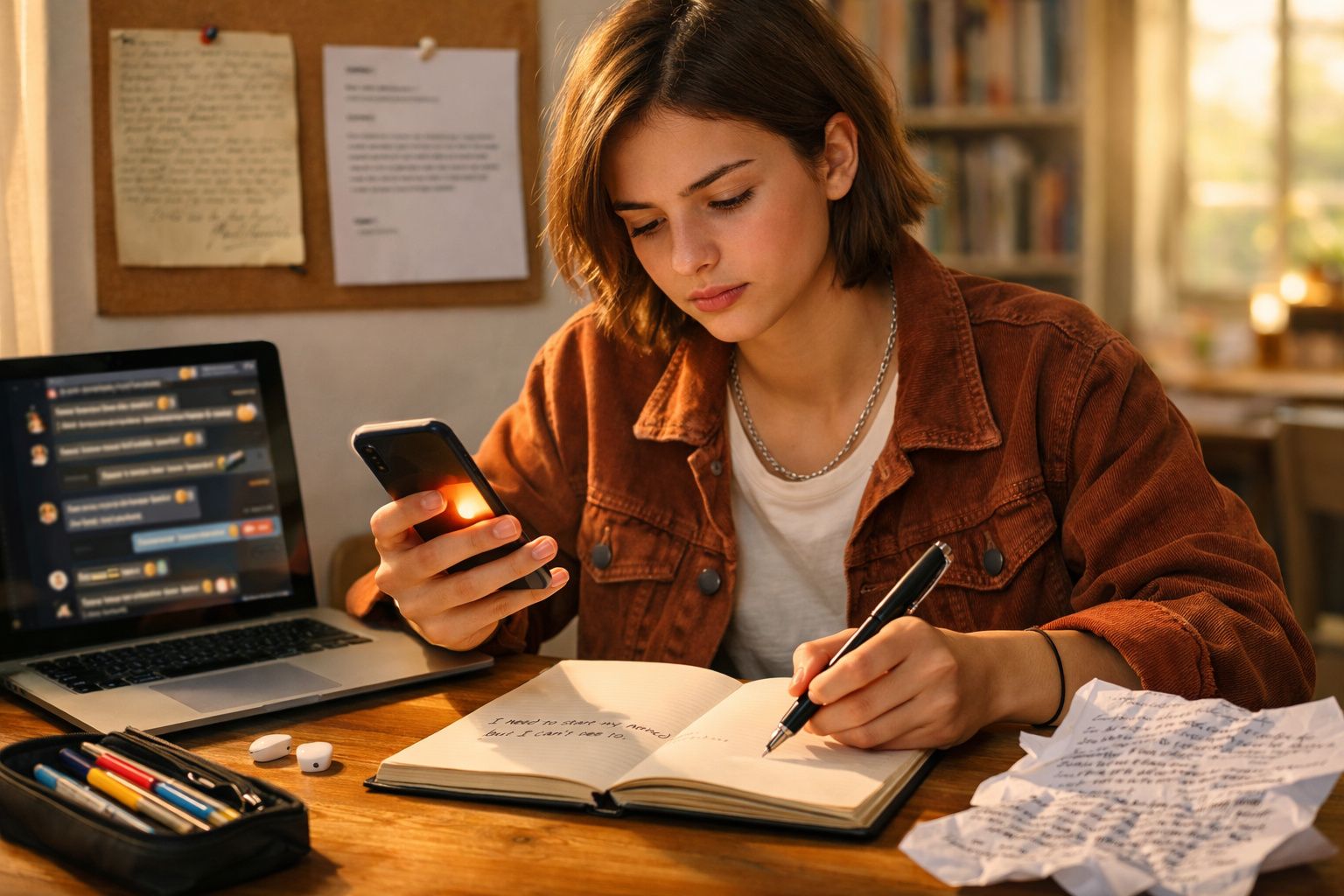 Jovem a estudar com telemóvel, caderno e portátil aberto numa mesa com anotações e material de escrita.