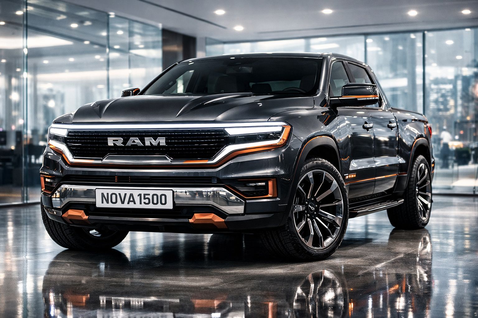 Pick-up RAM cinza escura com detalhes em laranja, em ambiente interior de exposição automóvel.