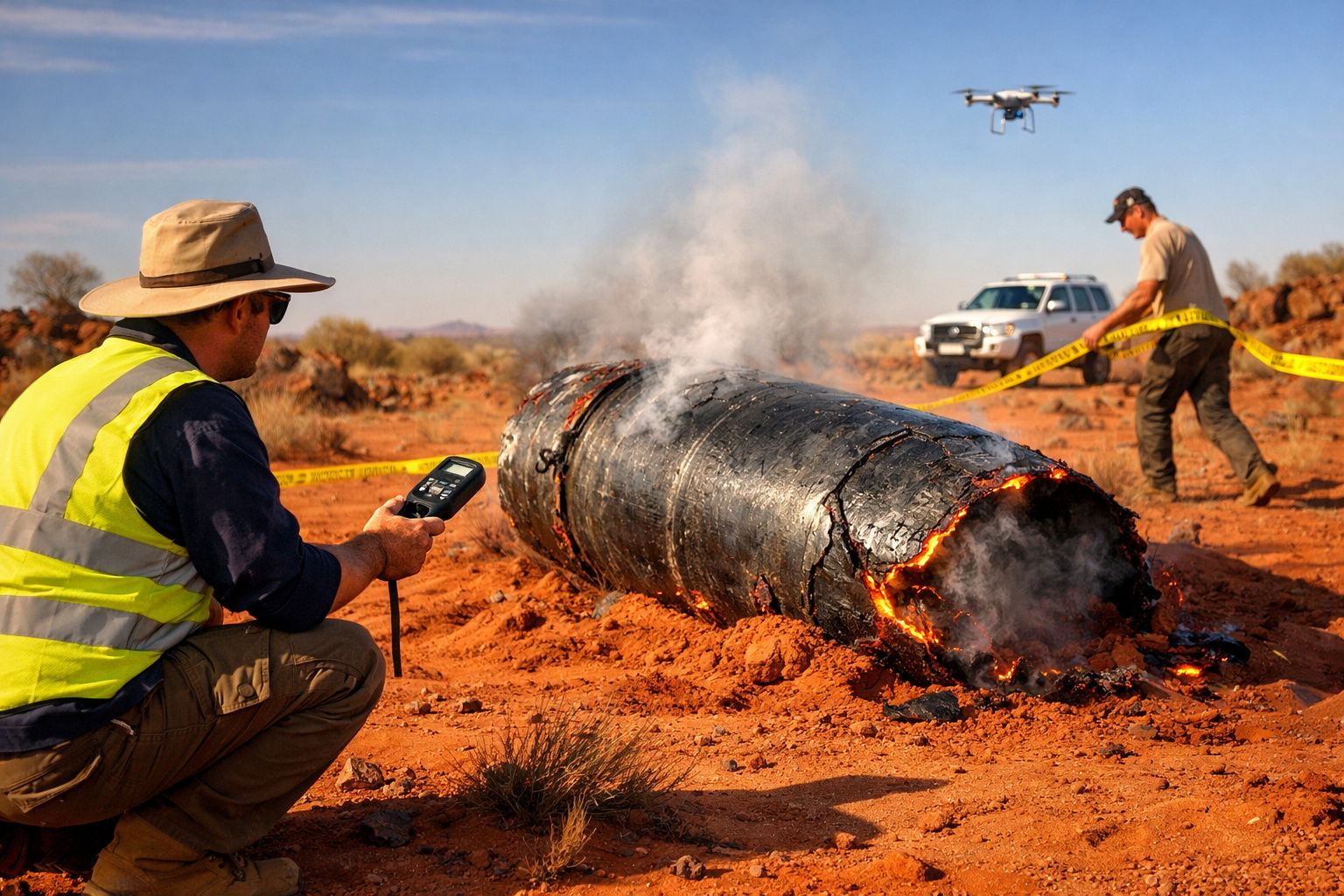Homem com colete reflete temperatura de objeto em chamas num deserto, enquanto drone e colega isolam a área.