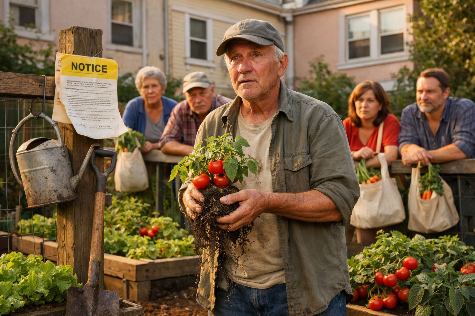 Homem idoso segura planta de tomate recém-colhida em jardim comunitário, com quatro pessoas ao fundo observando.