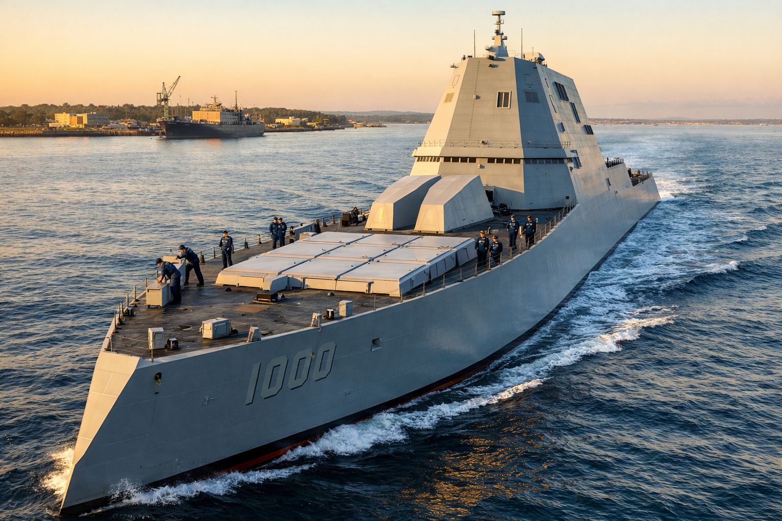 Navio de guerra moderno cinzento 1000 com tripulação em mar calmo ao entardecer.