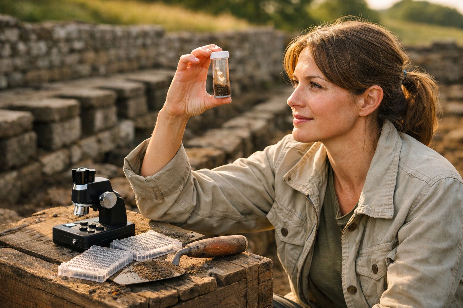 Mulher arqueóloga a examinar amostra de terra num frasco, com microscópio e ferramentas de escavação numa ruína.