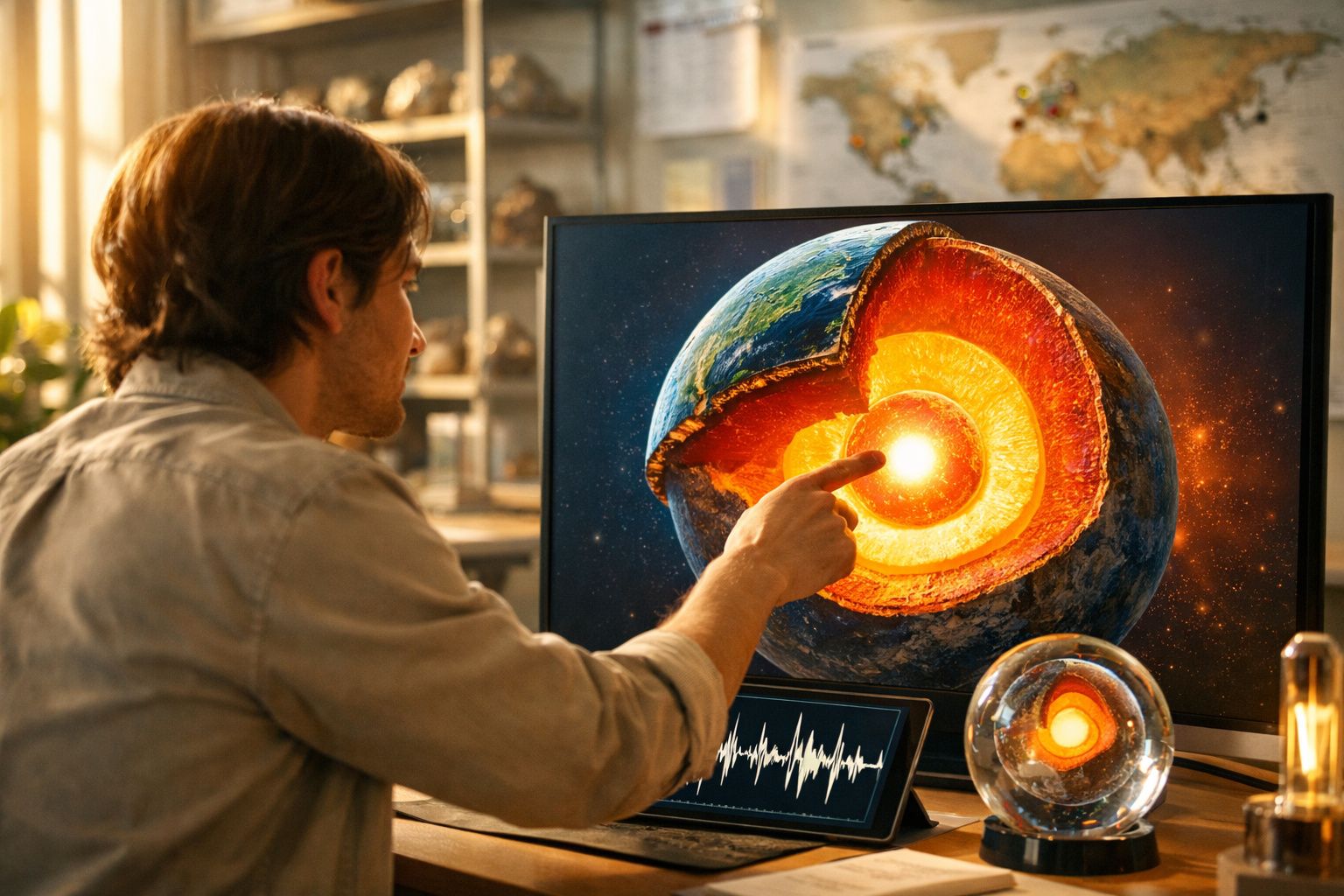 Homem a estudar a estrutura interna da Terra numa tela e modelo esférico numa mesa.