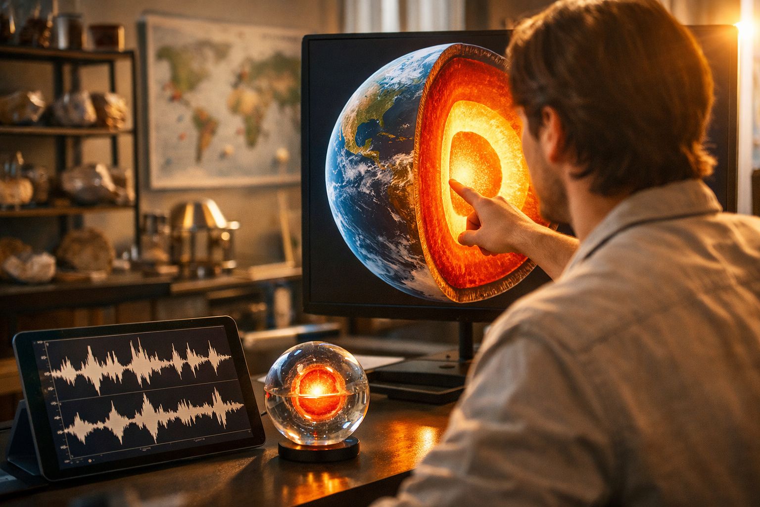 Pessoa a analisar modelo digital do interior da Terra e gráficos sísmicos num tablet em ambiente de laboratório.