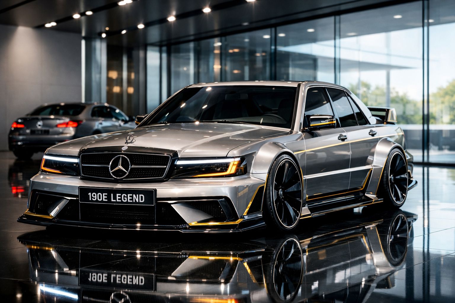Mercedes-Benz 190E modificada, prata com detalhes pretos, estacionada em interior moderno com chão refletor.
