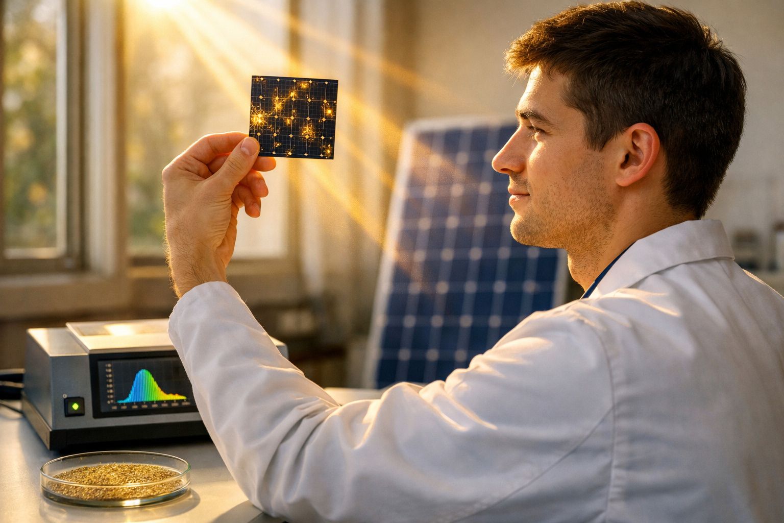 Homem de jaleco branco a segurar uma célula fotovoltaica com luz solar a incidir sobre ela.