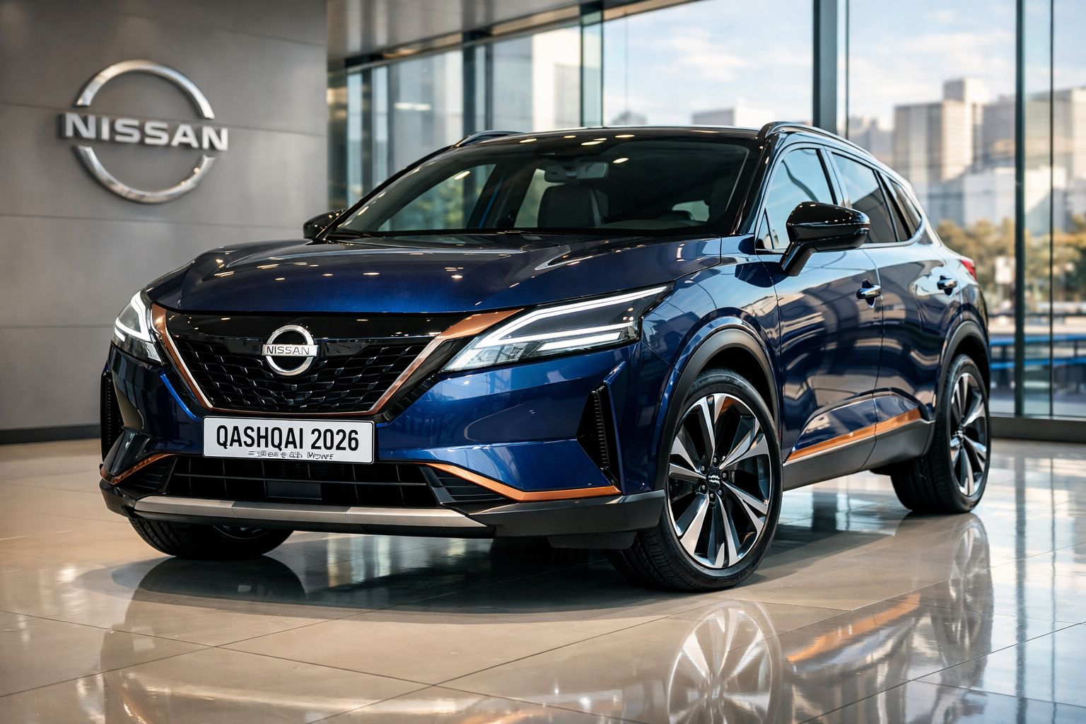 SUV Nissan Qashqai 2026 azul escuro estacionado dentro de concessionário moderno com logo da Nissan ao fundo.