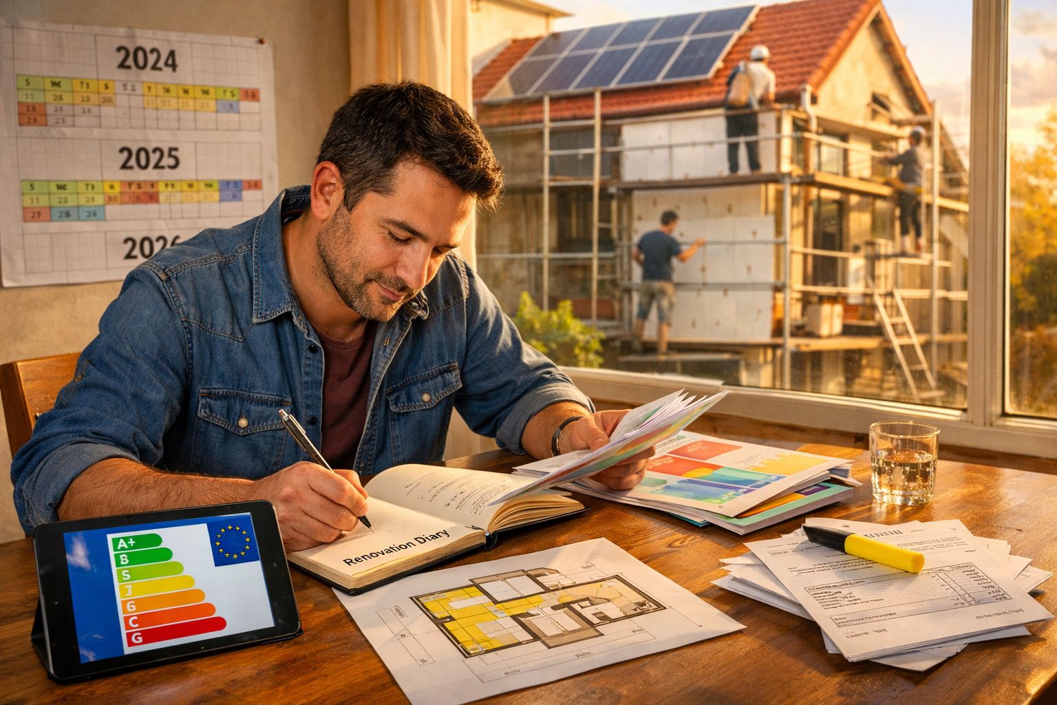Homem a planear obras de renovação com plantas, calendário e gráfico de eficiência energética.
