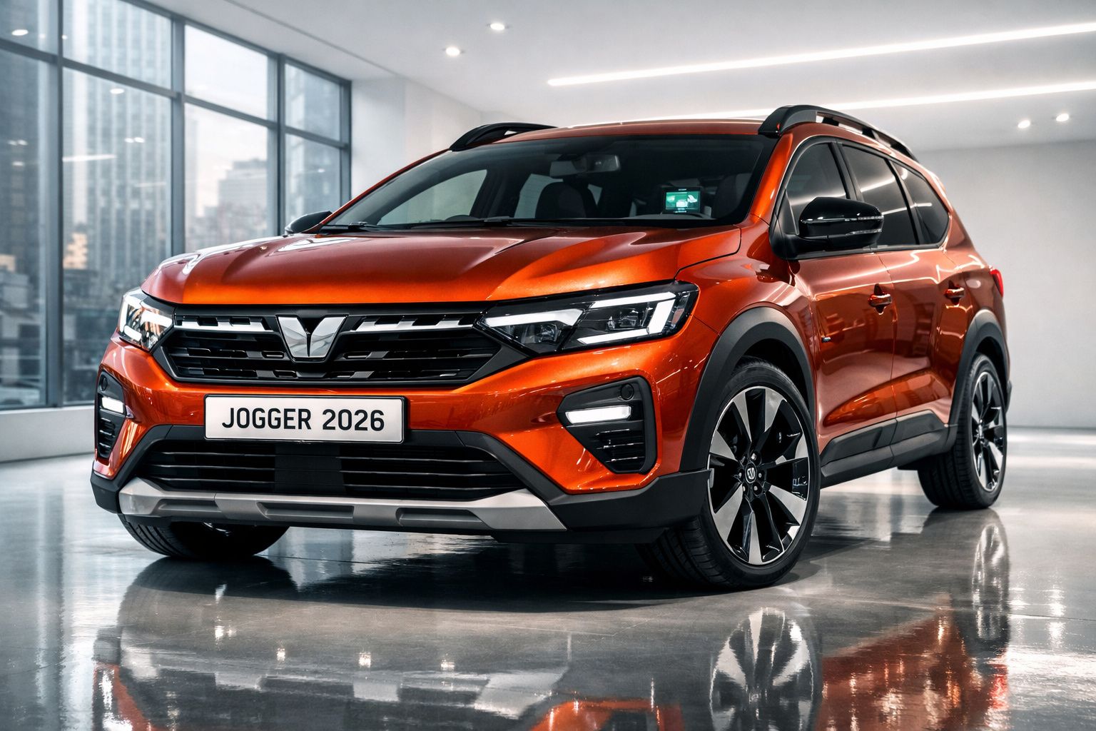 Carro SUV laranja Vinted Jogger 2026 estacionado num espaço interior moderno e luminoso.