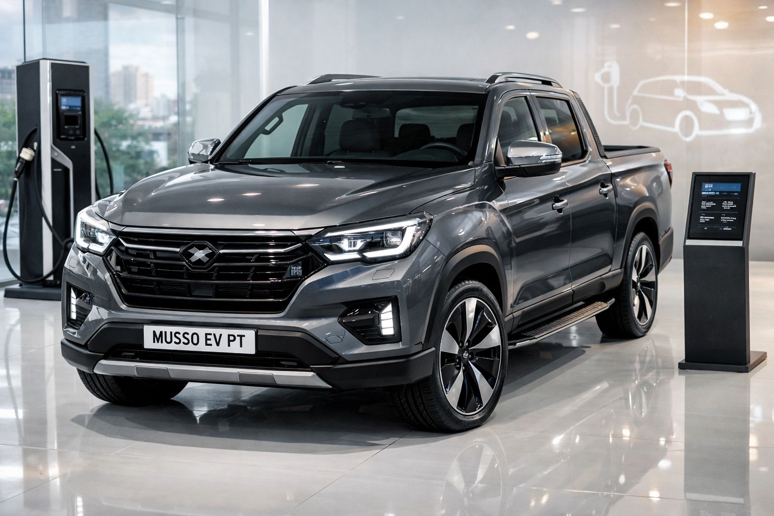 Picape elétrica cinzenta Musso EV PT numa exposição com posto de carregamento ao fundo.