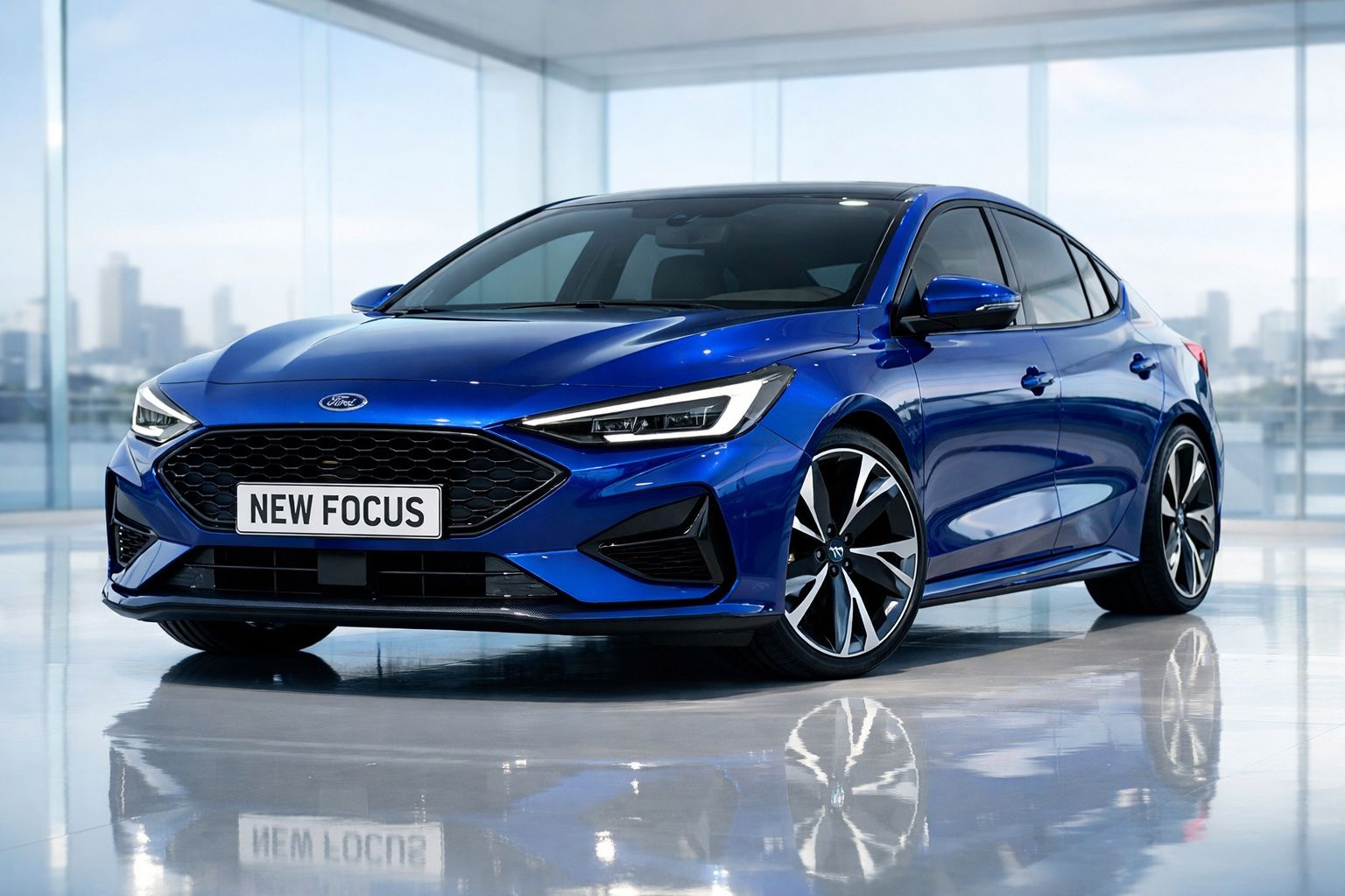 Carro desportivo Ford New Focus azul com rodas grandes em piso reflexivo dentro de salão moderno.