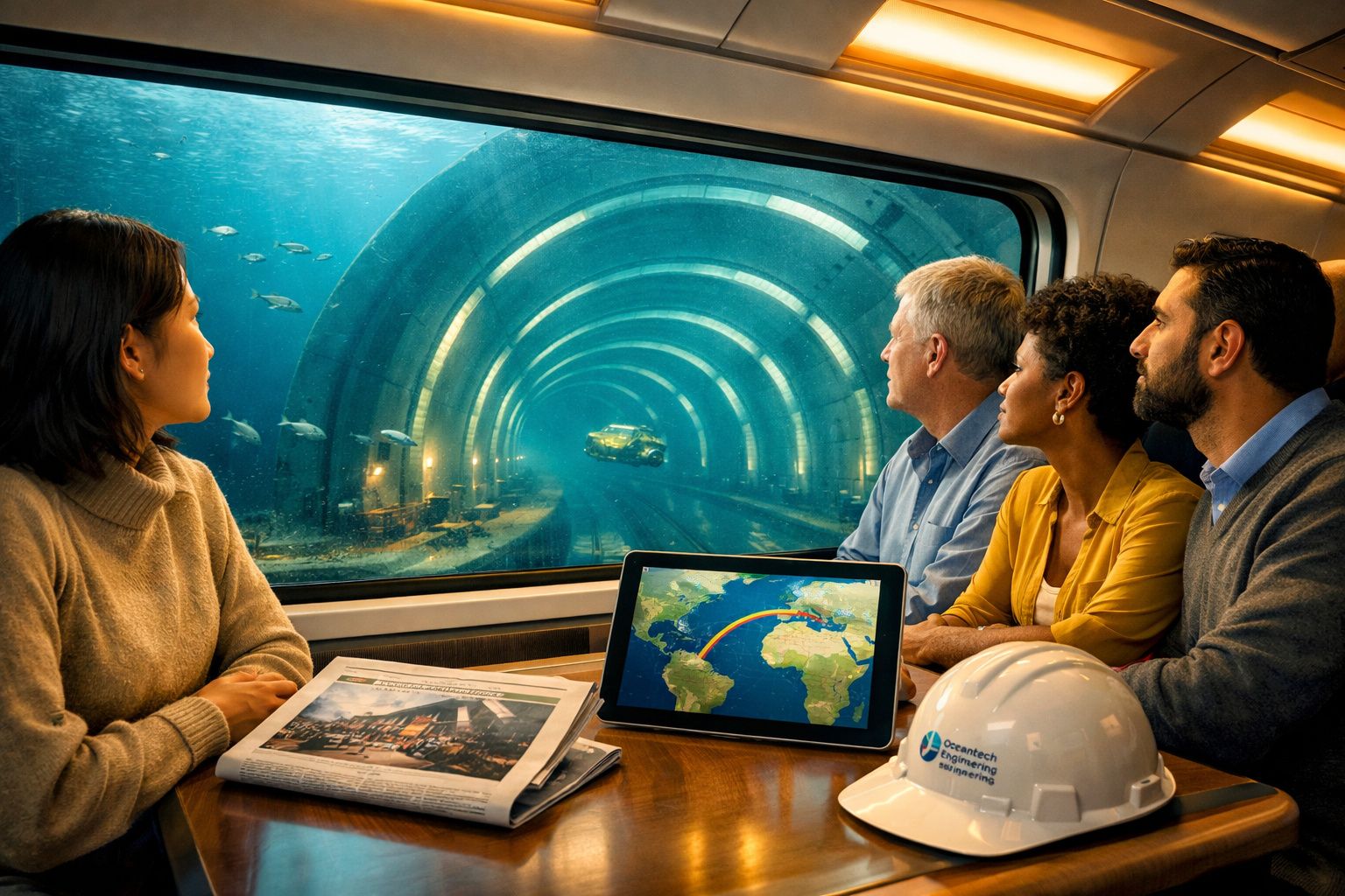 Quatro pessoas observam um túnel subaquático com peixes e um robô submarino a partir da janela de um comboio.