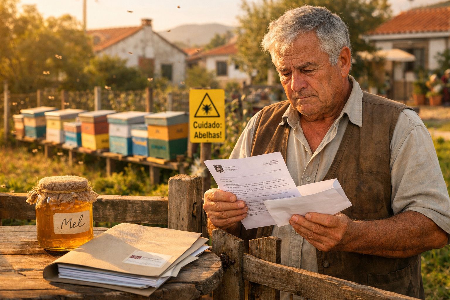 Apicultor idoso a ler uma carta junto às colmeias com pote de mel e documentos numa mesa de madeira.