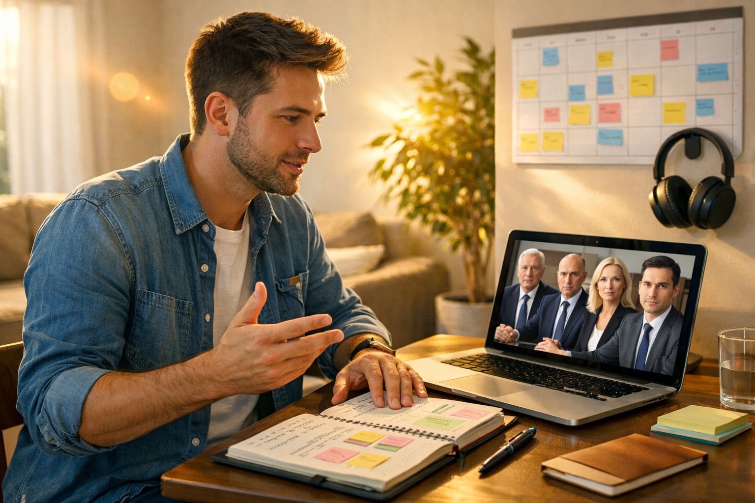 Homem em videochamada com quatro pessoas formais, sentado numa mesa com agenda e copo de água.