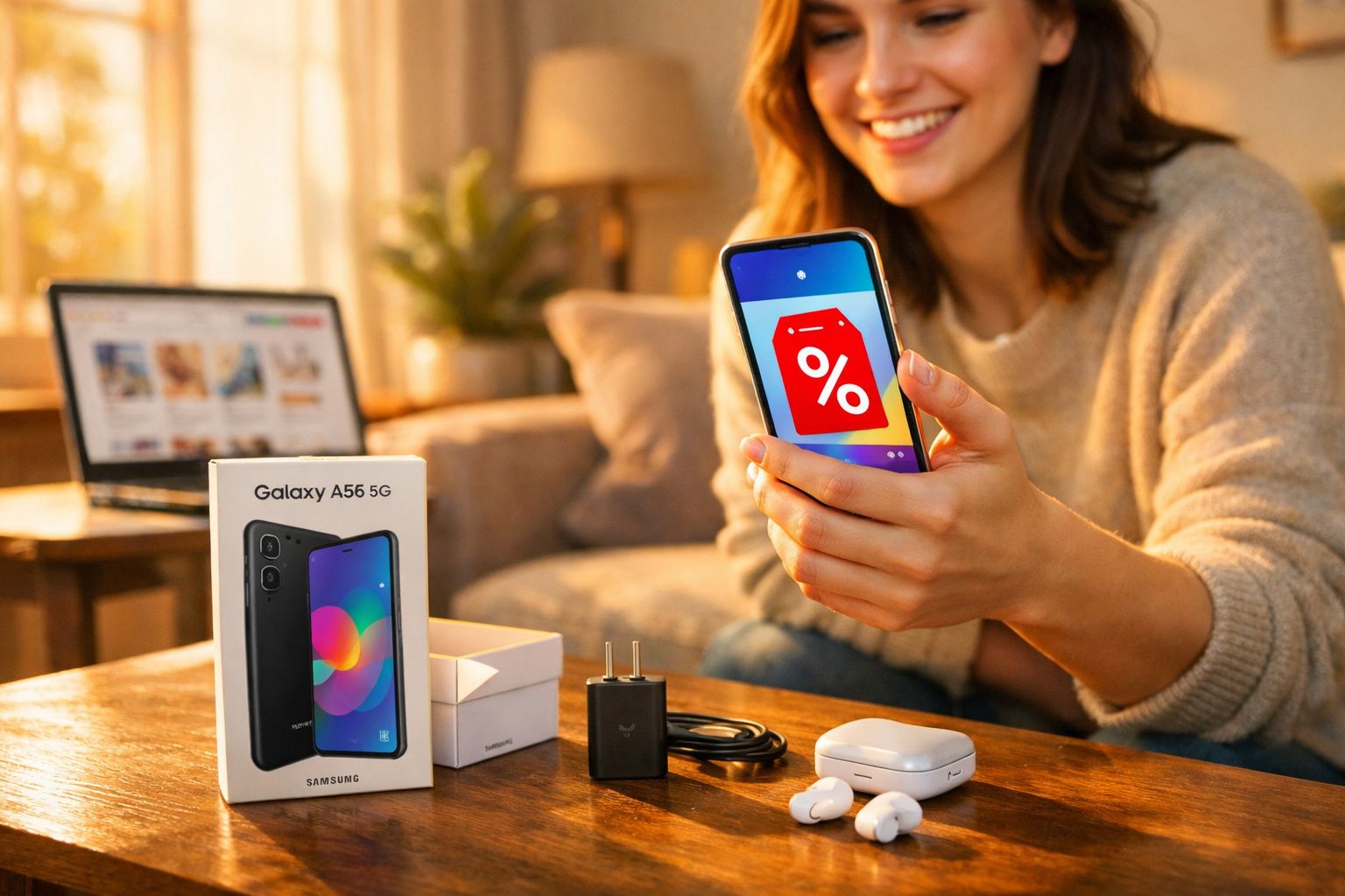 Mulher sorridente segura smartphone com símbolo de desconto, rodeada de caixa e acessórios Galaxy A56 5G.
