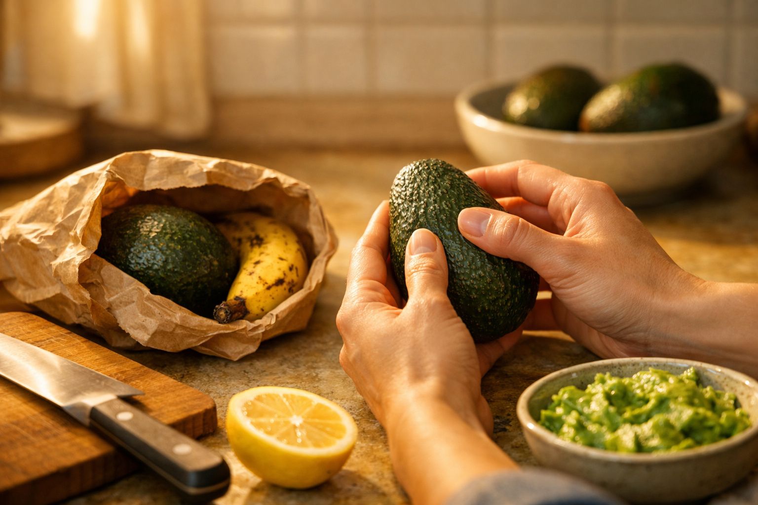 Mãos seguram abacate junto a limão cortado, polpa de abacate e frutas numa bancada de cozinha.