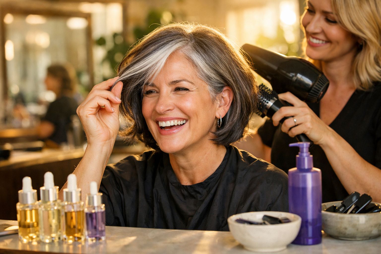 Mulher sorridente com cabelo grisalho a ser seca com secador num salão de cabeleireiro.