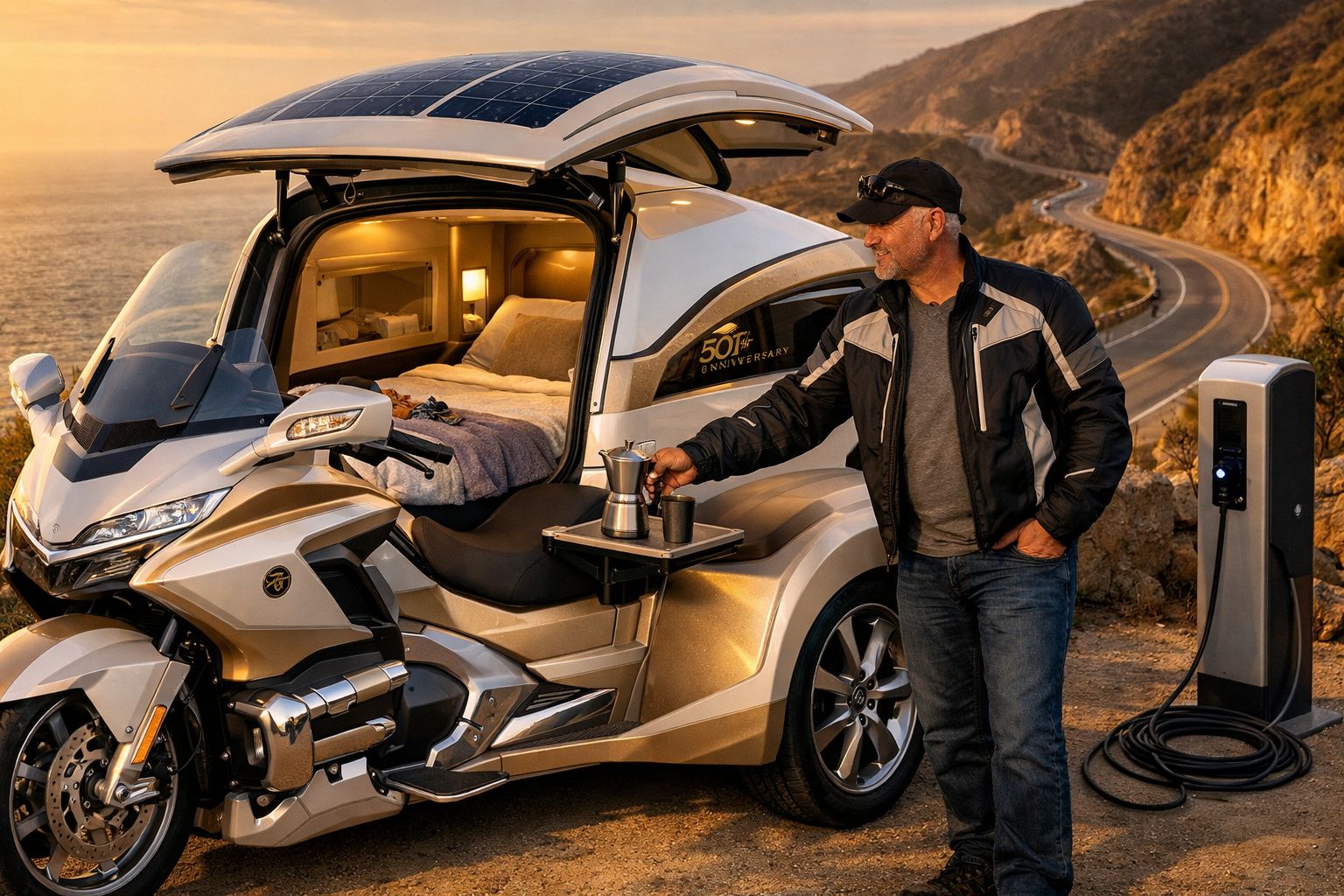 Homem prepara café junto a mota eléctrica adaptada para camping, com cama interior e painel solar, numa paisagem montanhosa.