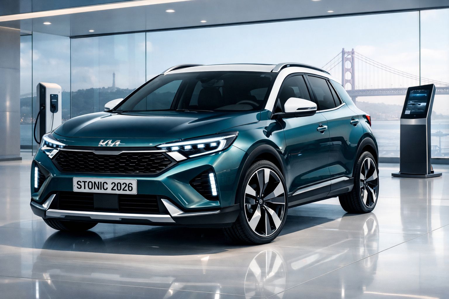 Carro elétrico Kia Stonic 2026 verde, estacionado em showroom moderno com vista para ponte suspensa.