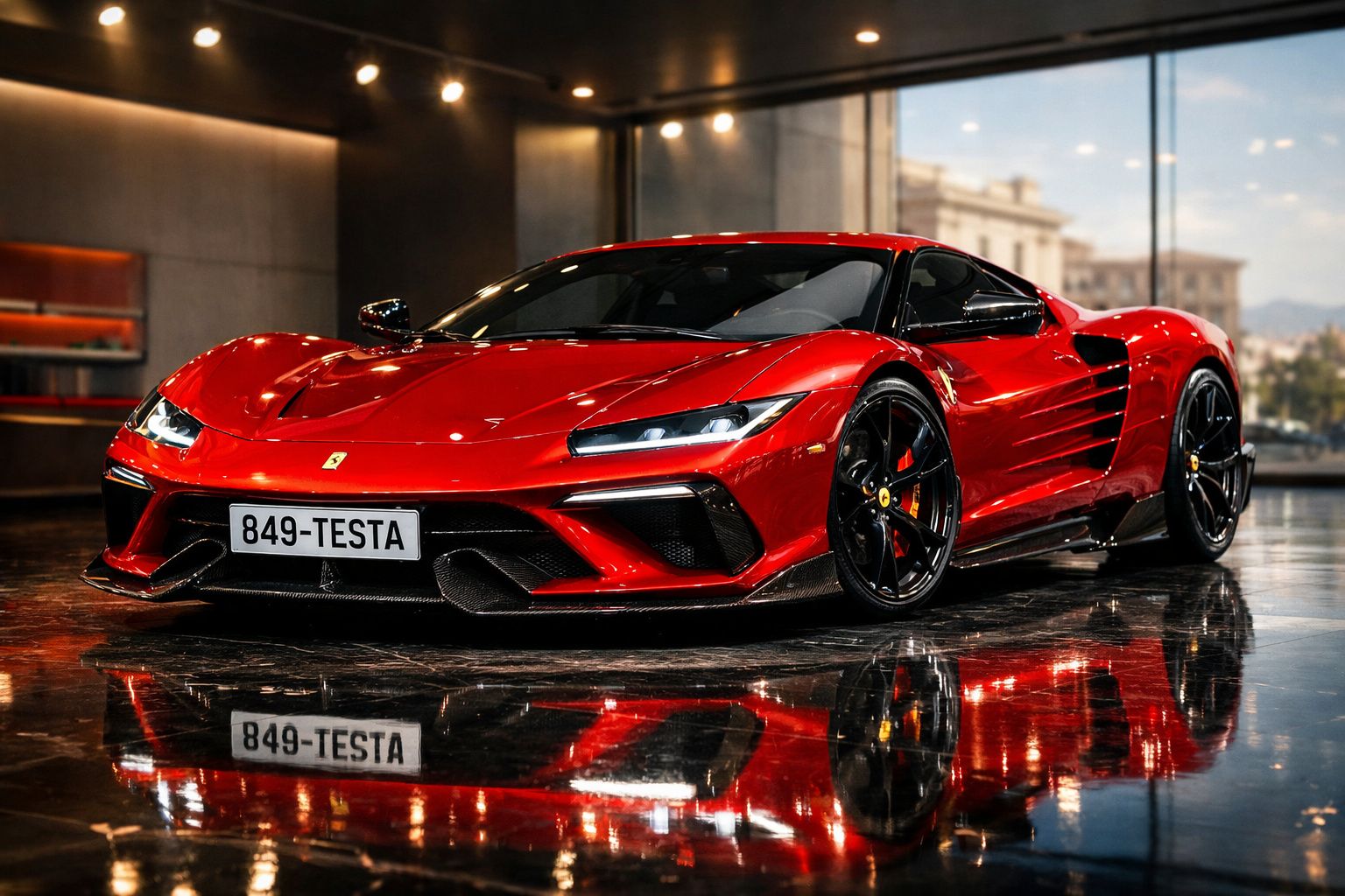 Carro desportivo vermelho brilhante estacionado num piso refletor num espaço interior moderno.