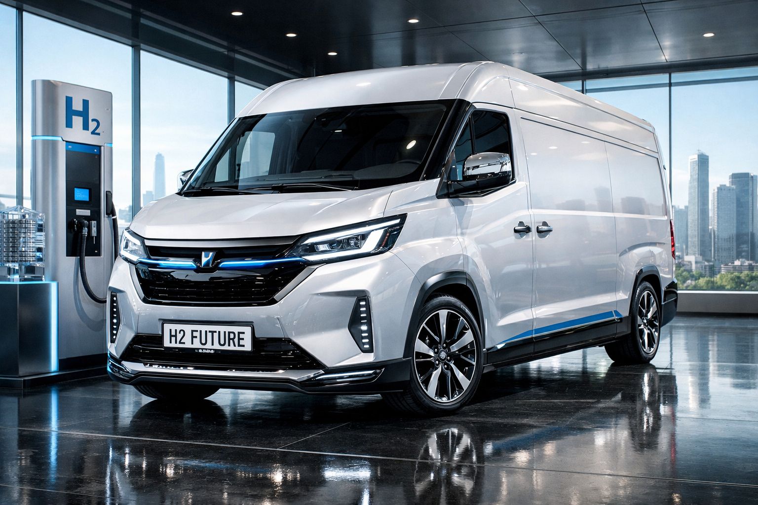 Furgão branco elétrico moderno junto a posto de abastecimento de hidrogénio num ambiente urbano interior.