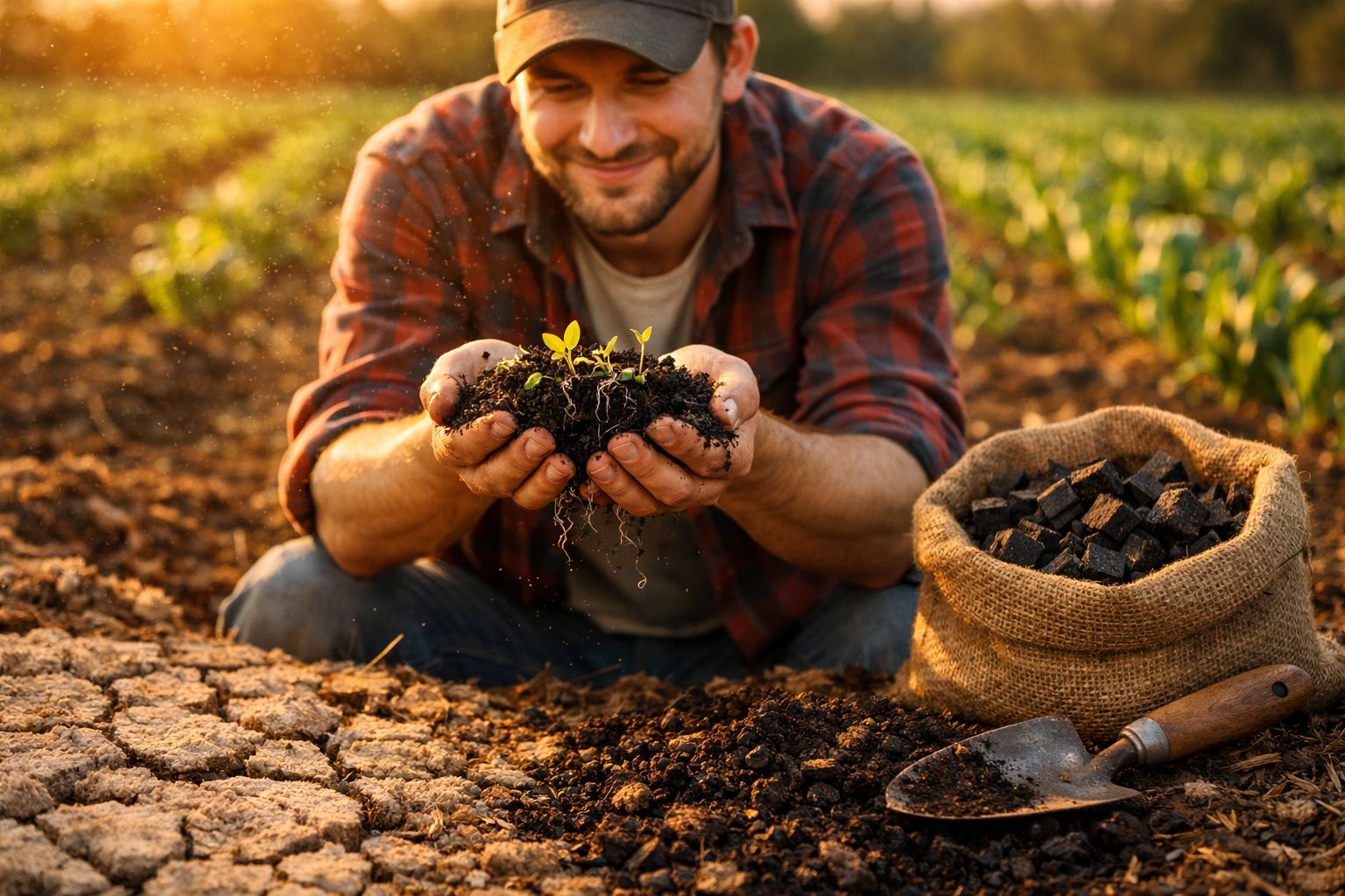 Homem sorridente de camisa xadrez segura terra com pequenas plantas num campo ao pôr do sol, ao lado de saco com torrões.