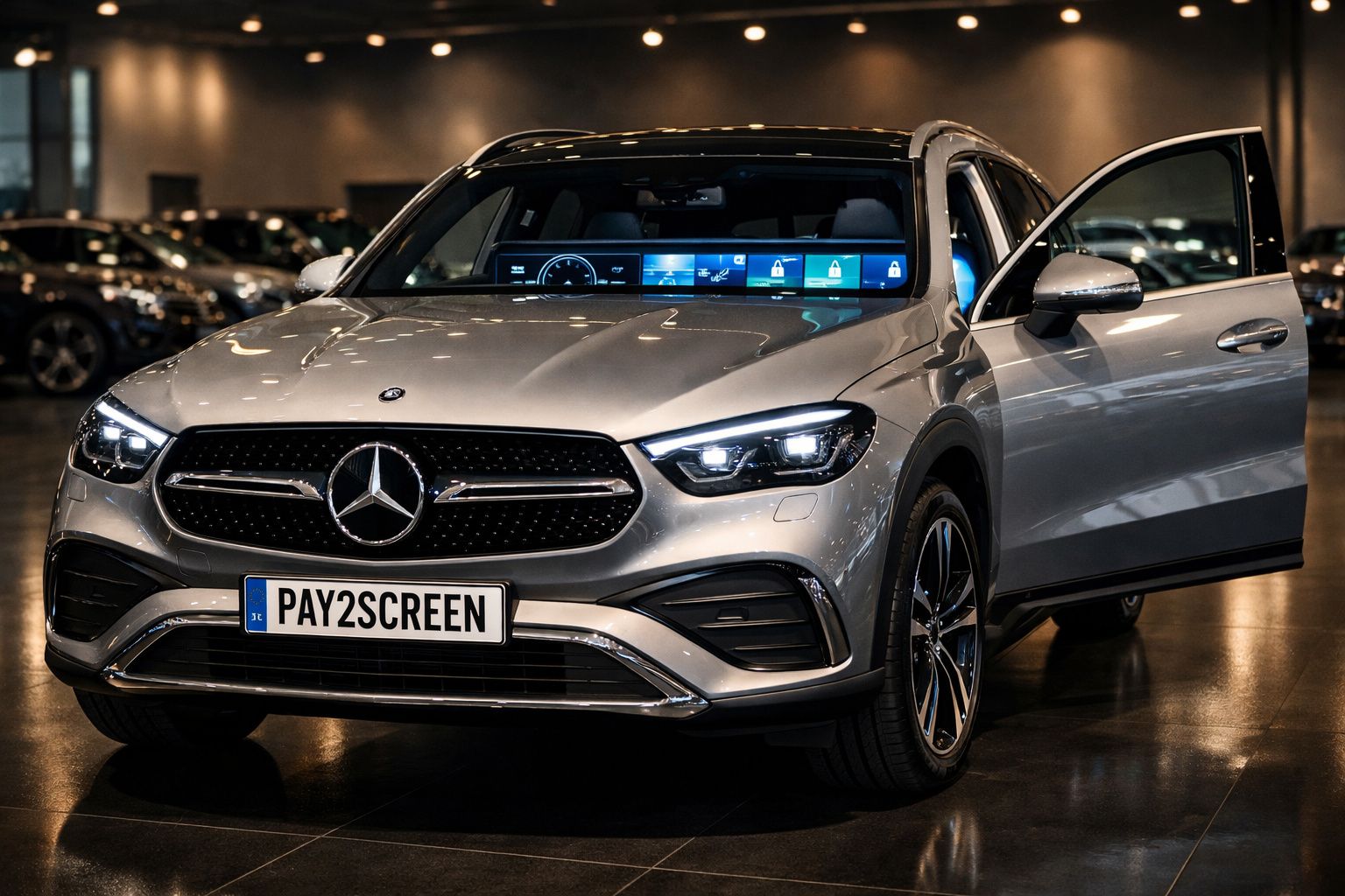 Carro Mercedes-Benz prata moderno estacionado em interior com porta dianteira aberta e ecrã digital visível.