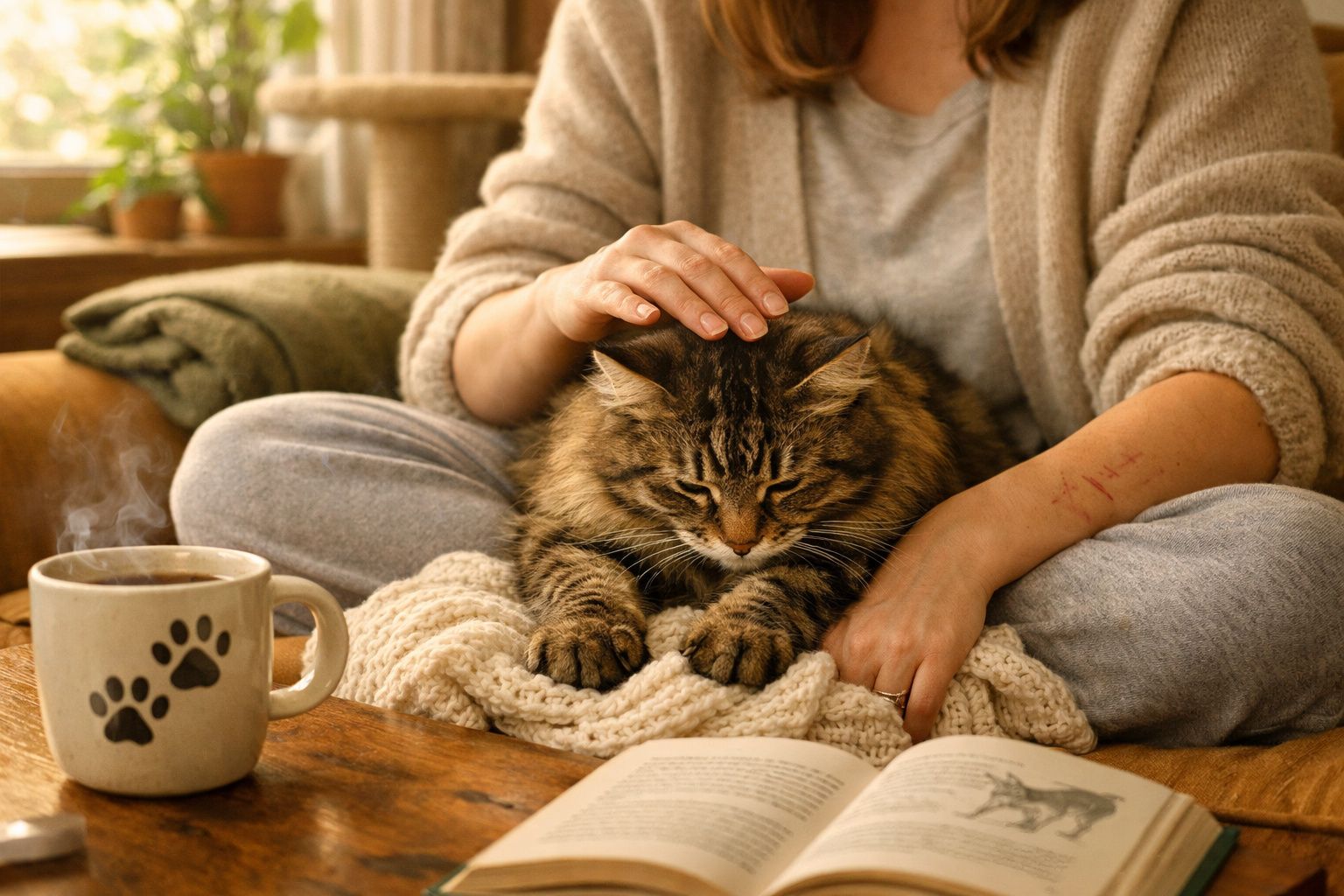 Pessoa a aquecer gato peludo com mão, chá quente numa chávena junto a livro aberto.