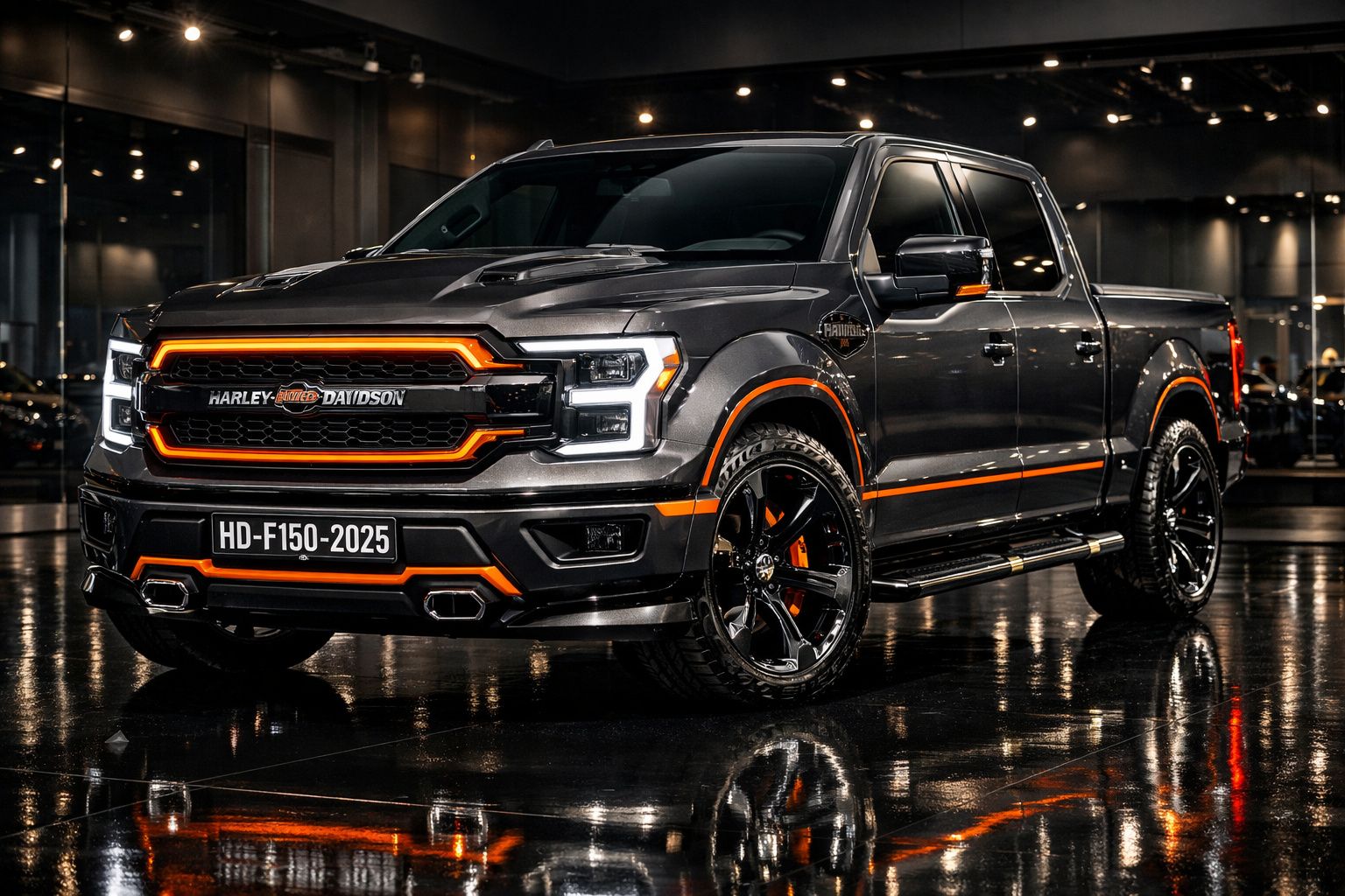 Picape Ford F-150 Harley-Davidson cinza escuro com detalhes e iluminação laranja em ambiente interior refletivo.
