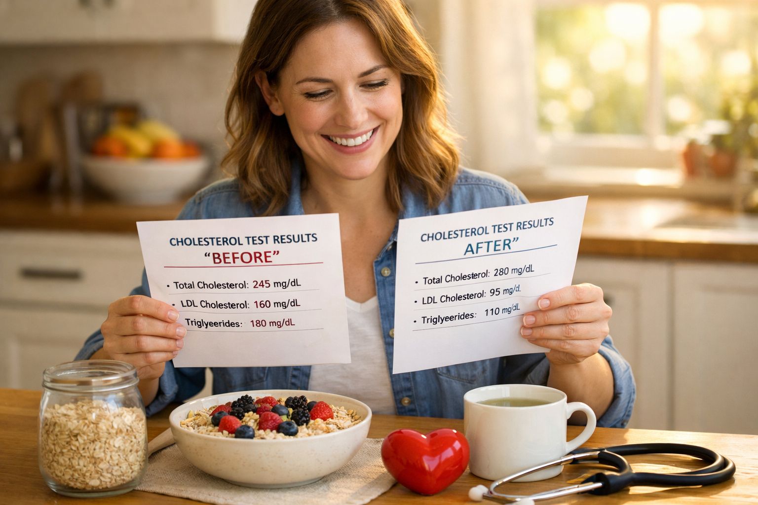 Mulher sorridente segura resultados de colesterol antes e depois, com tigelas de cereais e chá à sua frente.