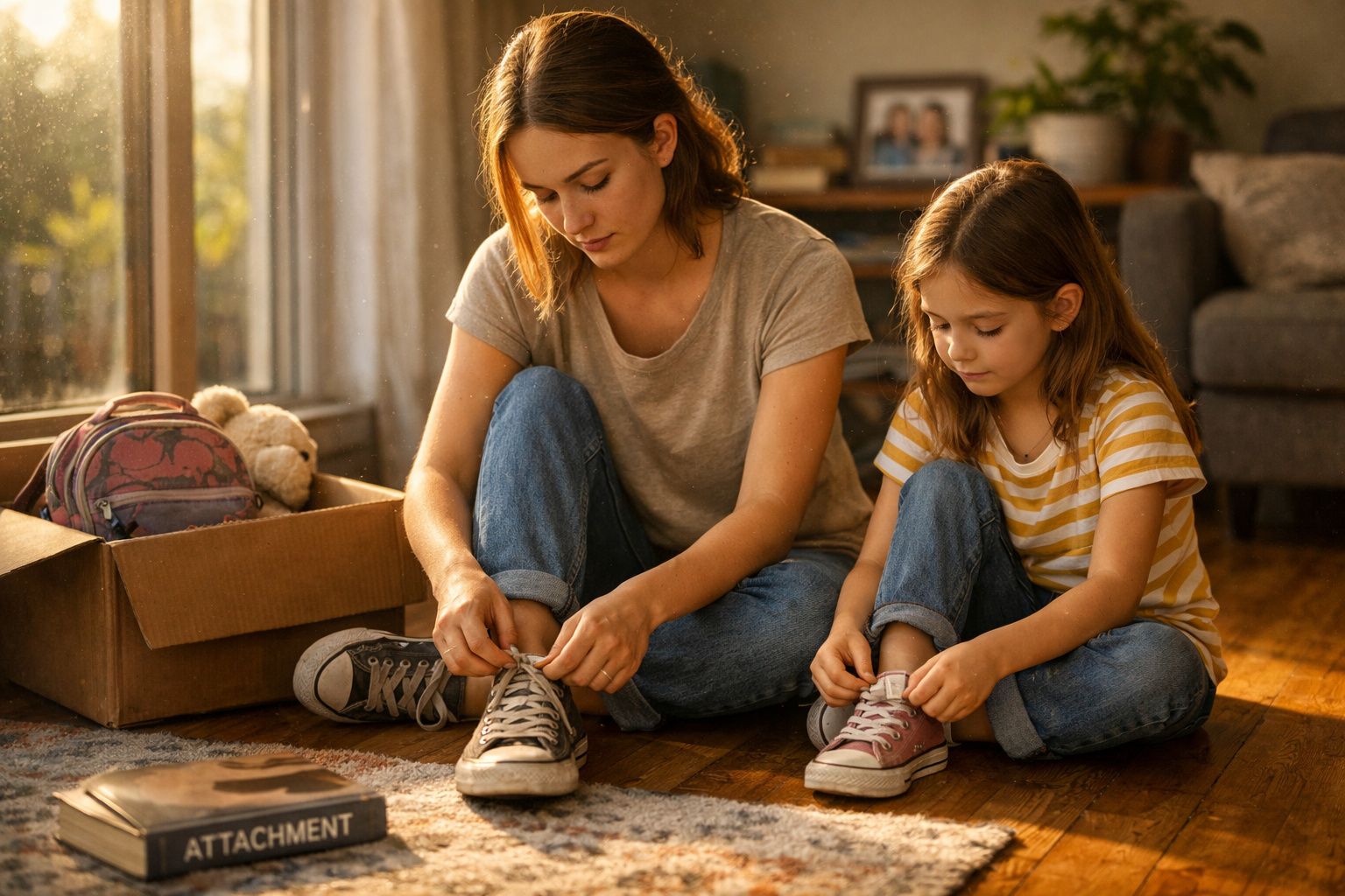 Mulher e menina sentadas no chão a calçarem sapatos, ao lado caixa com mochila e ursinho numa sala iluminada.