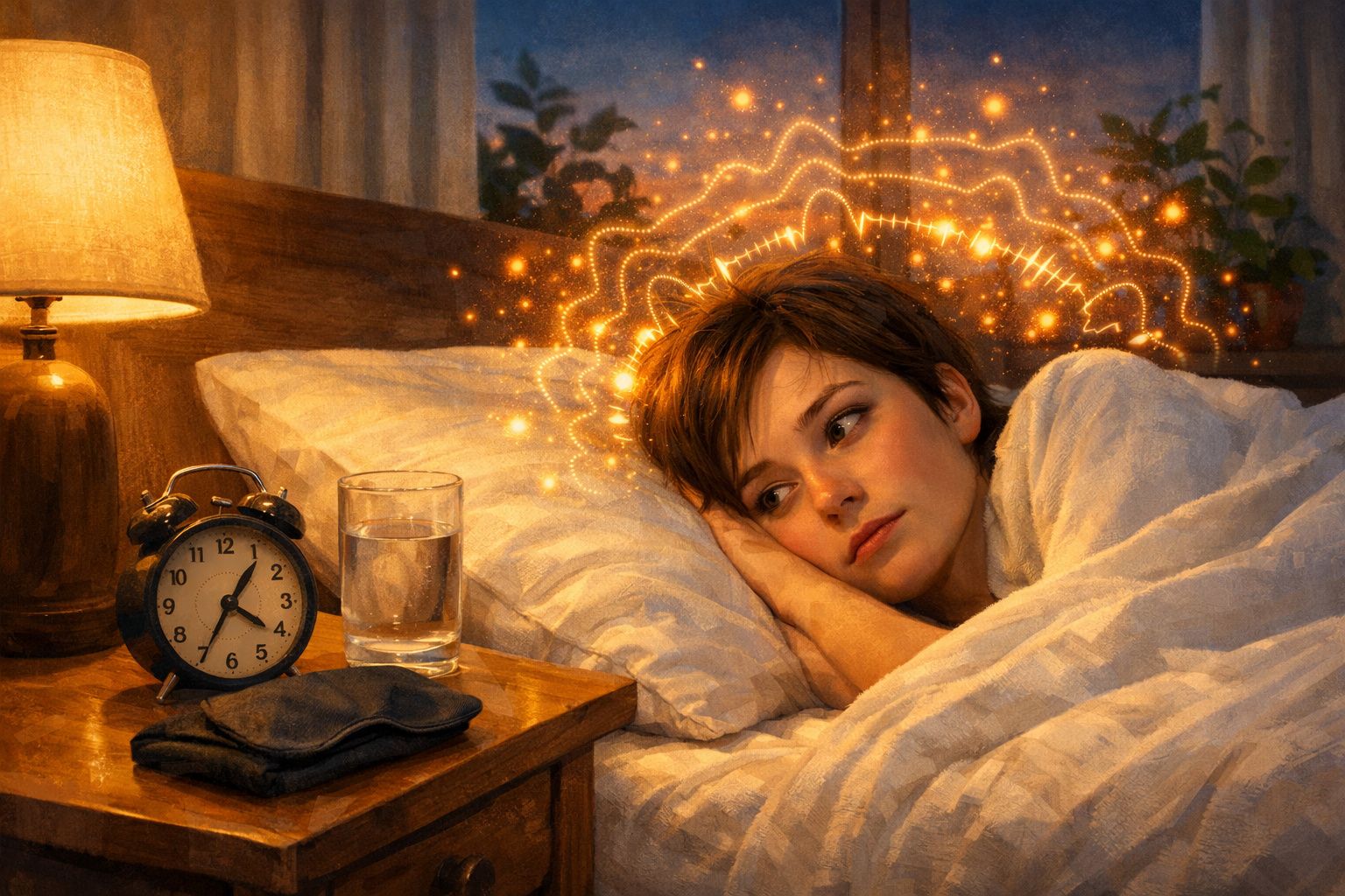 Mulher deitada na cama, acordada, olhando para o lado com luz quente e elementos mágicos ao redor.