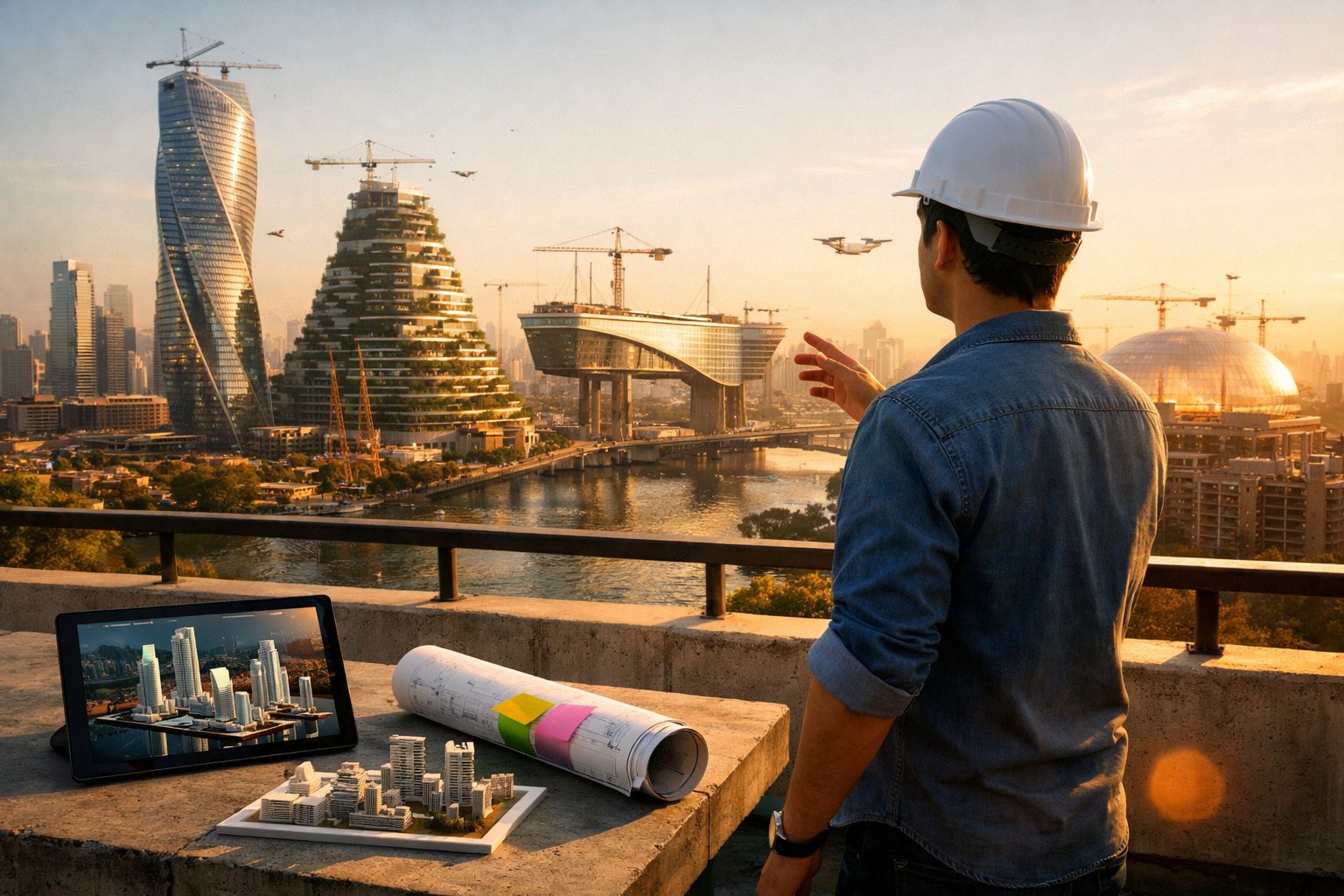 Engenheiro com capacete controla drone numa construção futurista com arranha-céus e maquete urbana ao entardecer.