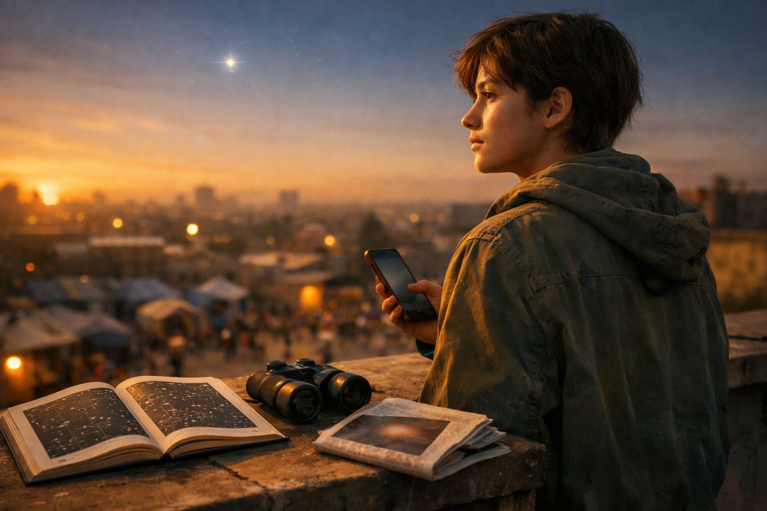 Pessoa jovem observa o horizonte ao entardecer, com livros e binóculos numa superfície à sua frente.