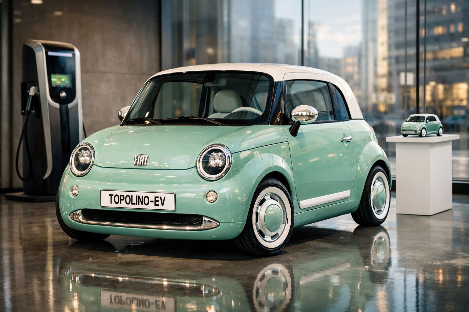 Carro elétrico Fiat Topolino EV em verde claro e teto branco, perto de estação de carregamento.